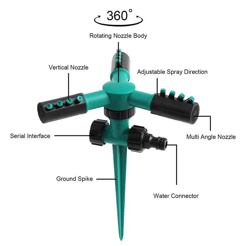 360 Degree Garden Sprinkler, 3-Fork Automatic Rotating Large Area Coverage, Garden Sprinkler for Plant Irrigation